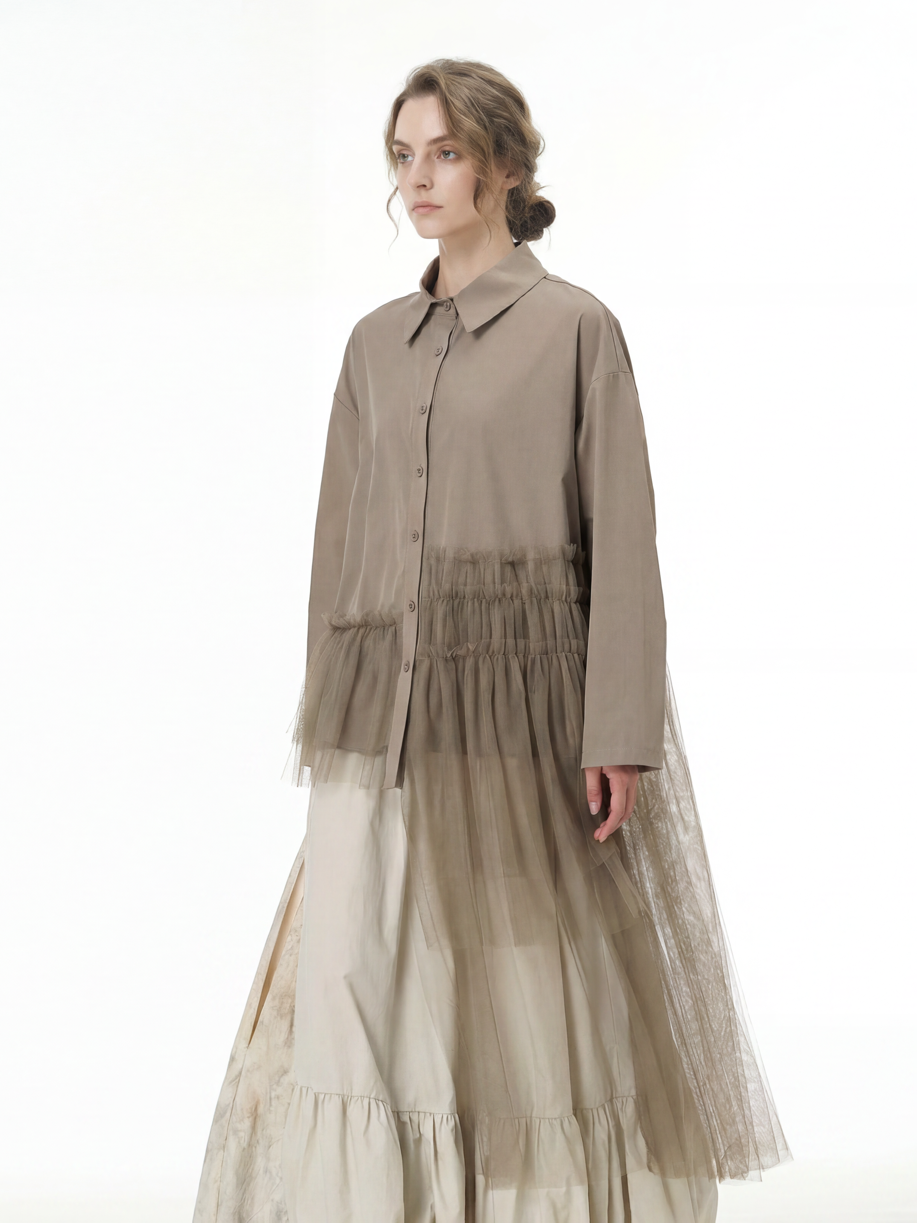 Tulle Spliced Oversized Shirt 69051
