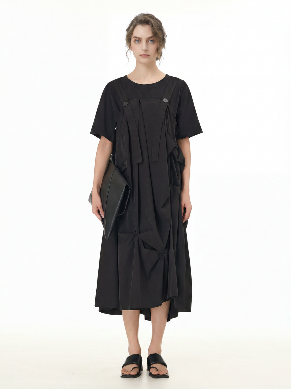 Black Pleated Ruffle Front Midi Dress 66001