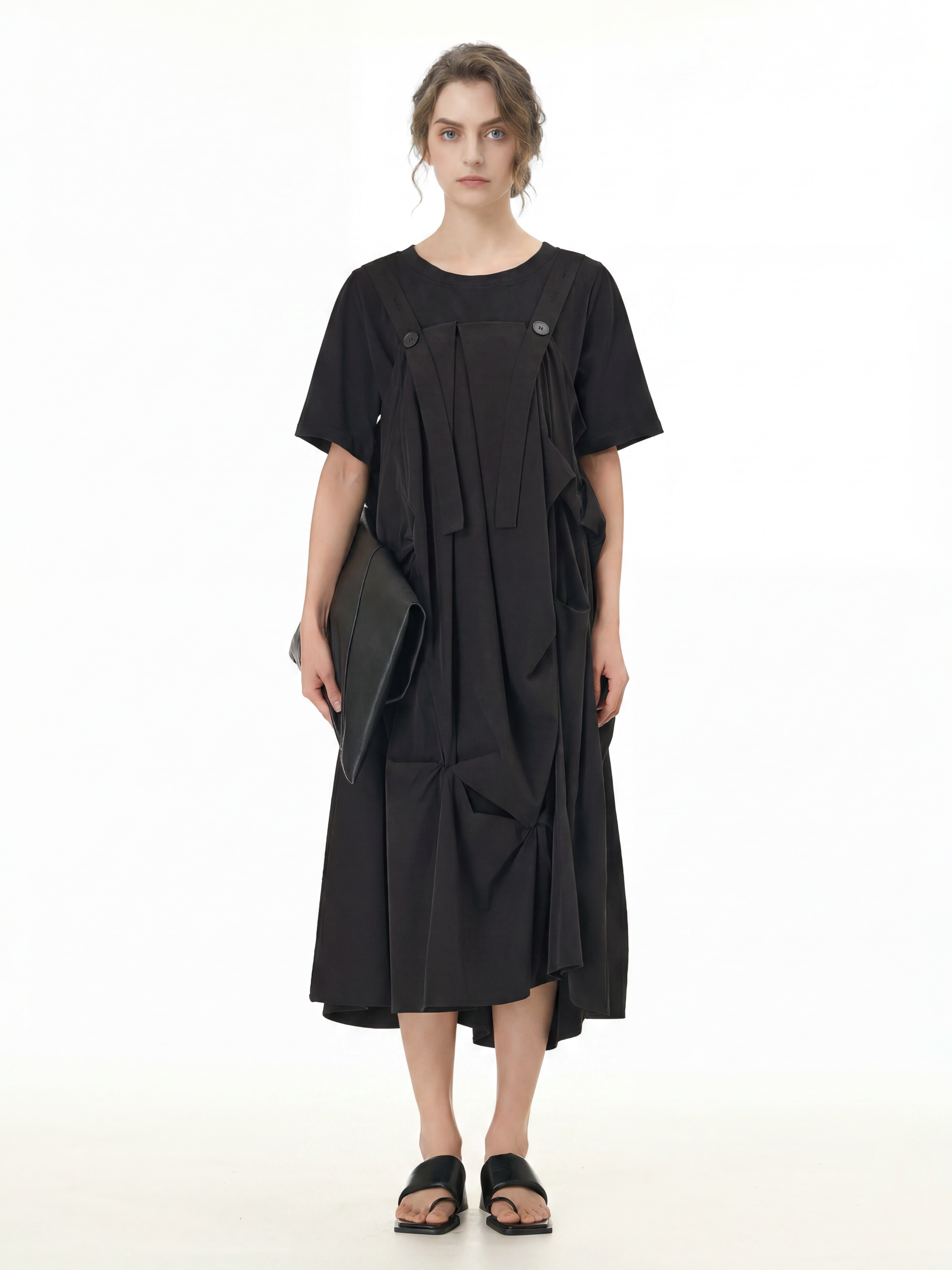 Black Pleated Ruffle Front Midi Dress 66001