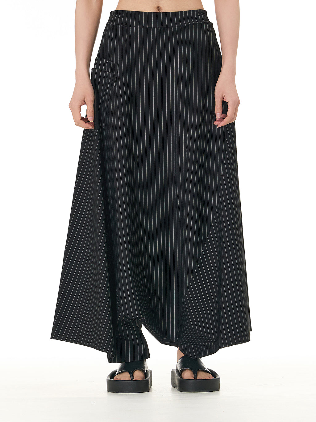 Black Pinstripe Wide Leg Harem Pants with Pockets 5206-1