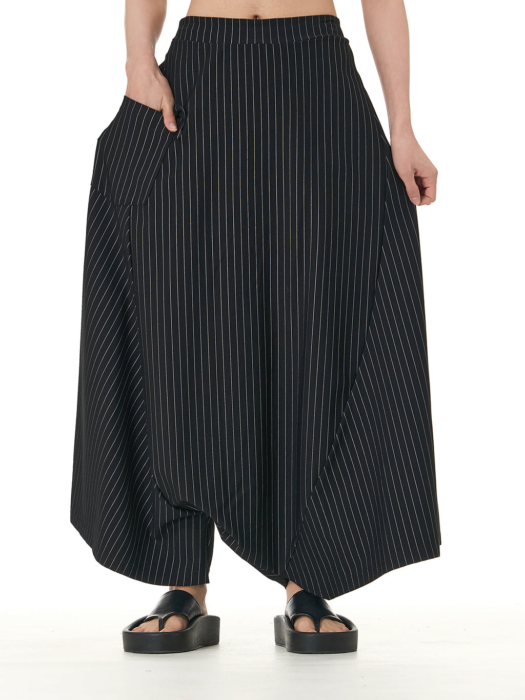 Black Pinstripe Wide Leg Harem Pants with Pockets 5206-1