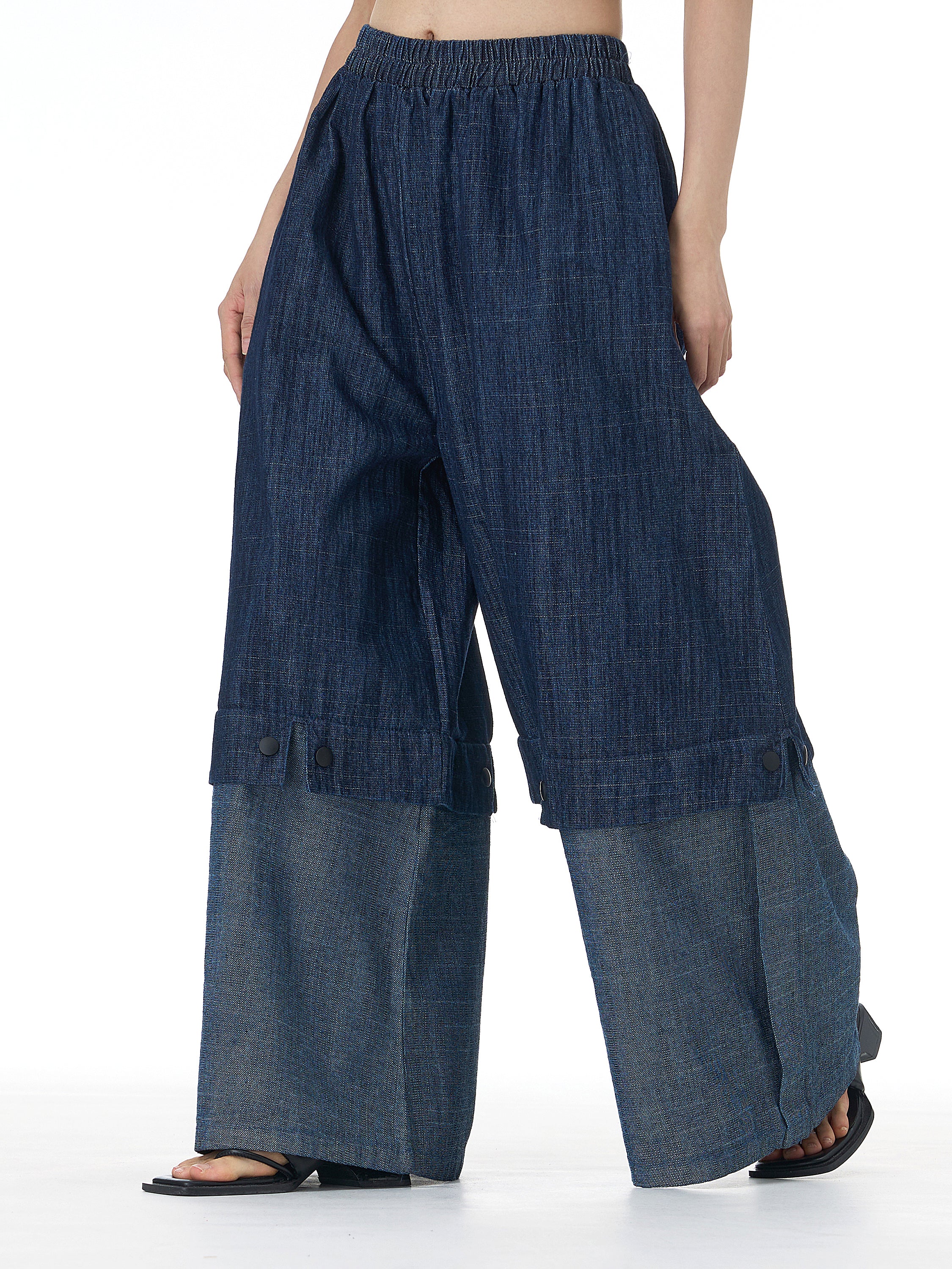 Two-Tone Spliced Denim Wide Leg Pants 69319