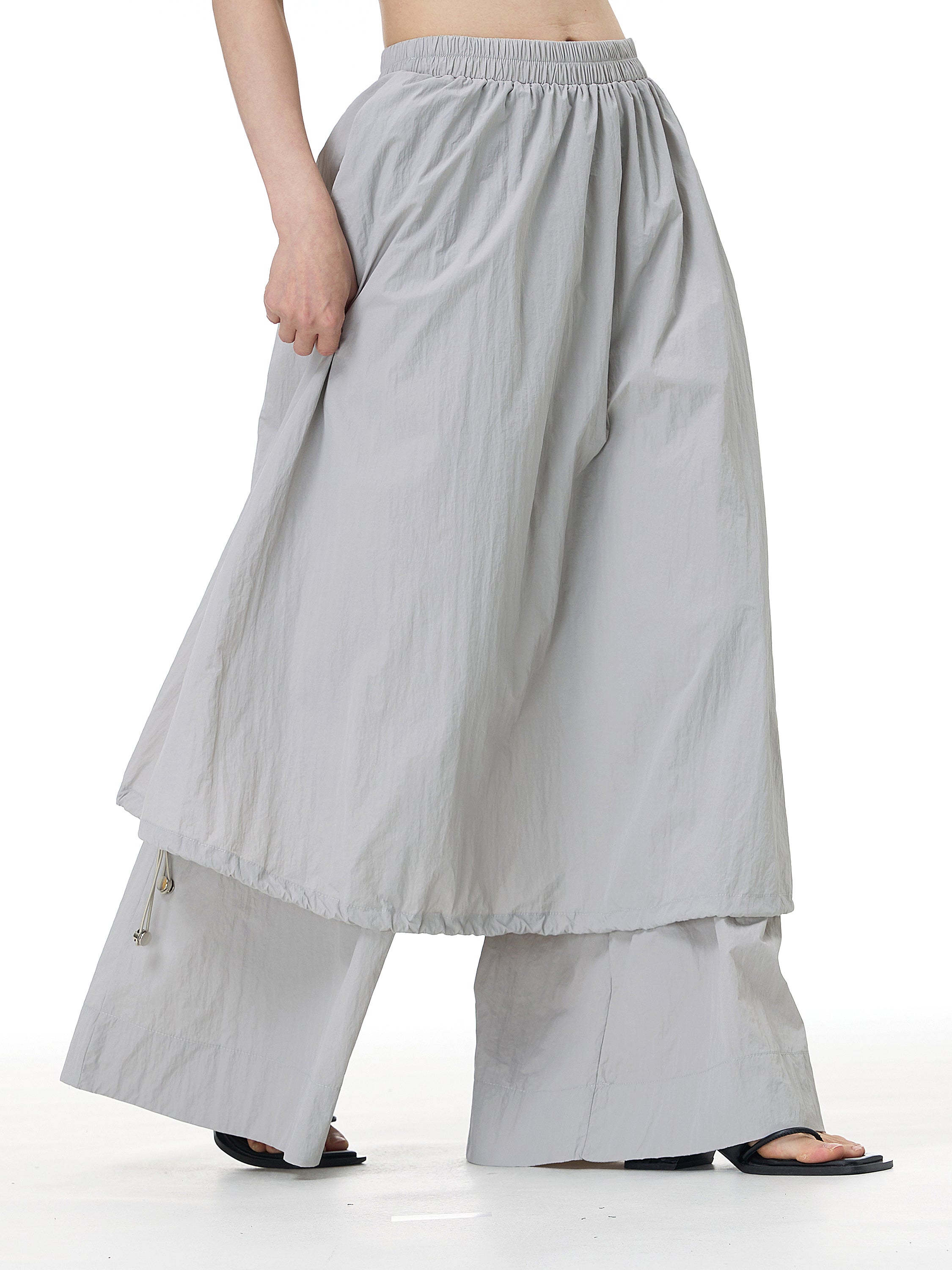 Layered Wide Leg Pants with Elastic Waist 69932