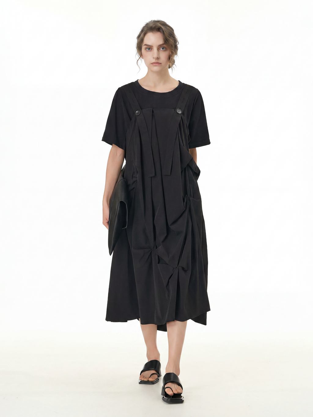 Black Pleated Ruffle Front Midi Dress 66001
