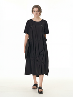 Black Pleated Ruffle Front Midi Dress 66001