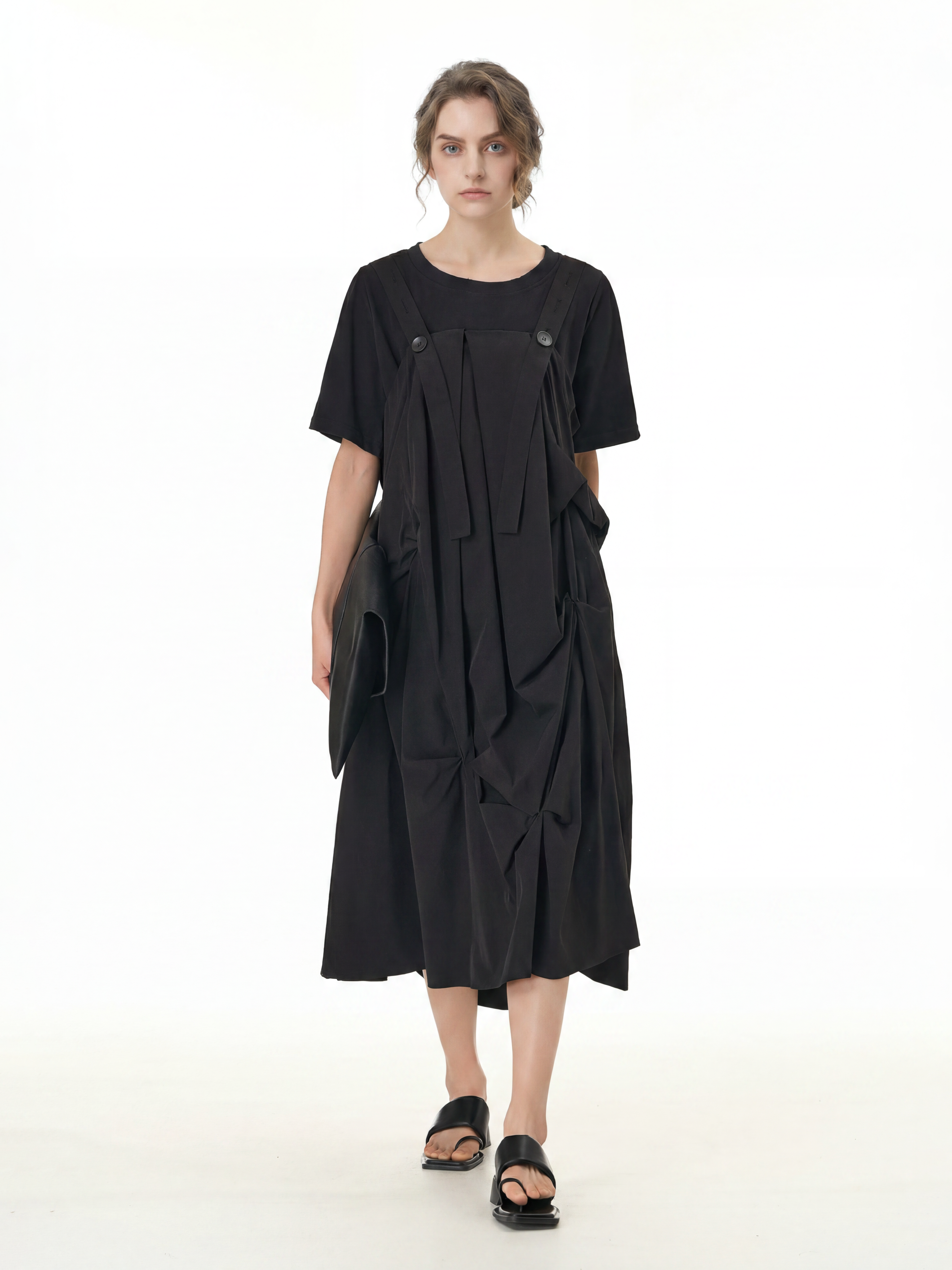 Black Pleated Ruffle Front Midi Dress 66001