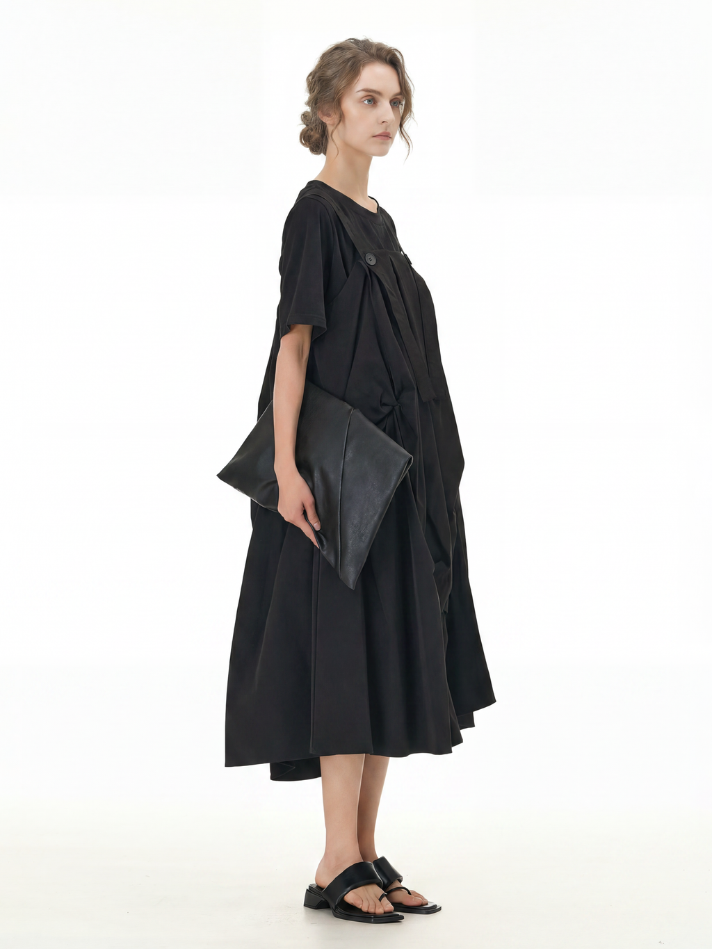 Black Pleated Ruffle Front Midi Dress 66001
