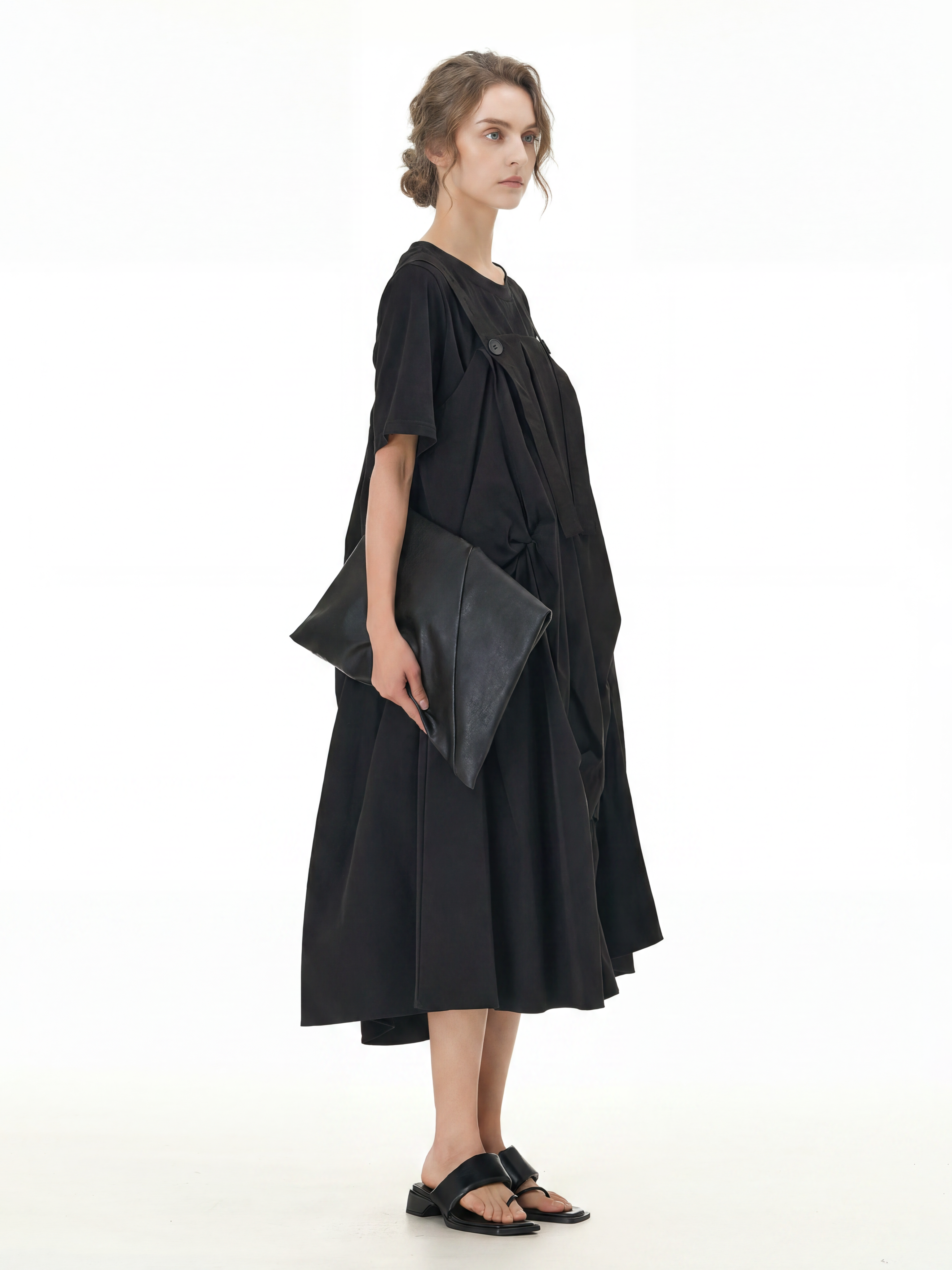 Black Pleated Ruffle Front Midi Dress 66001