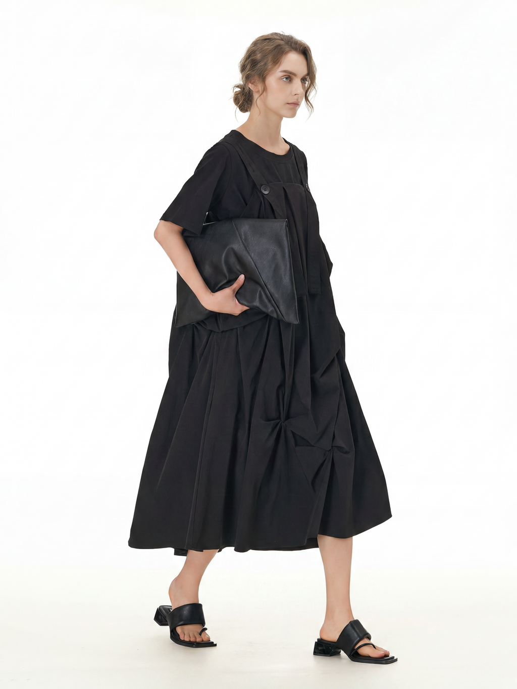 Black Pleated Ruffle Front Midi Dress 66001