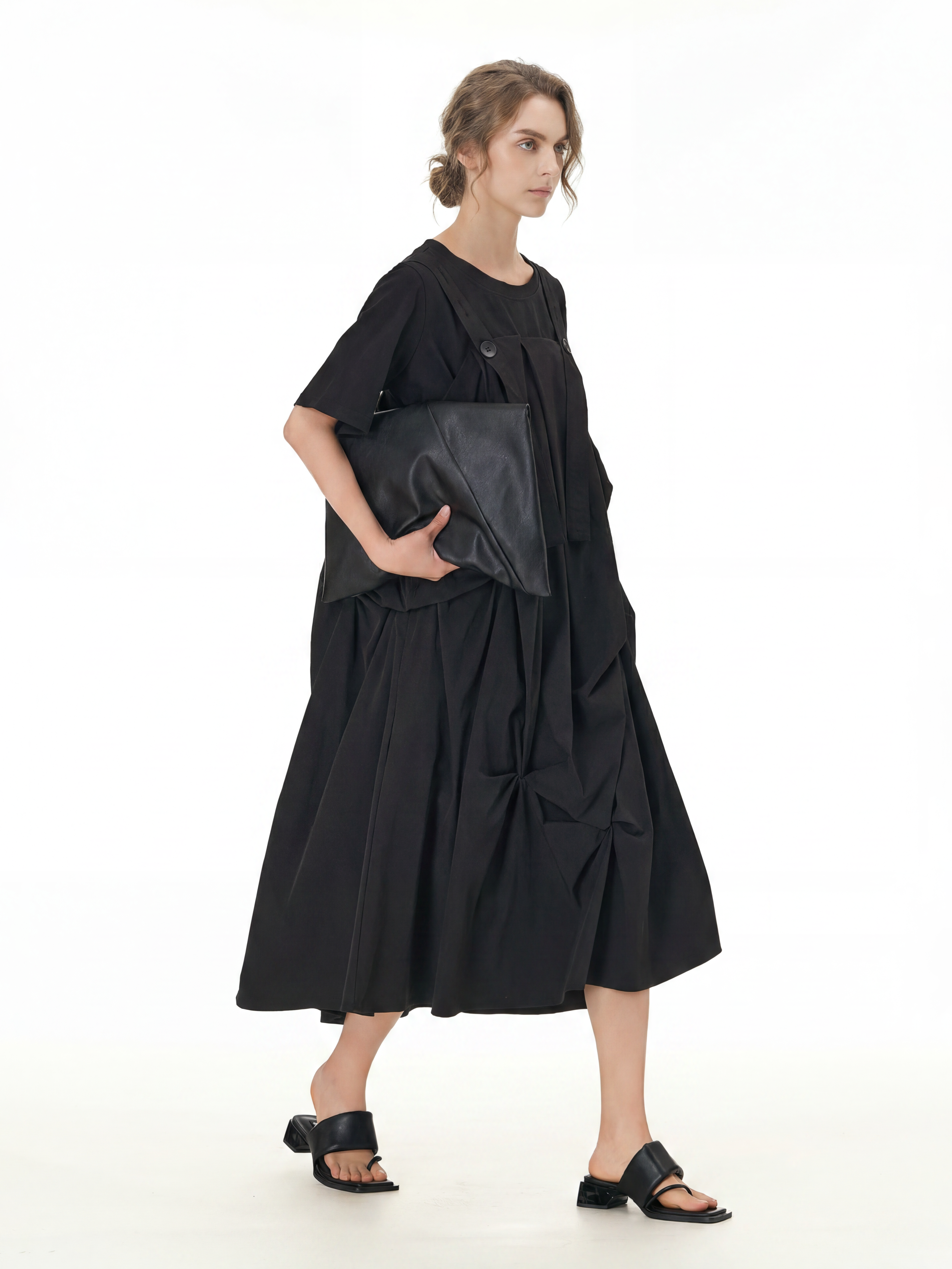 Black Pleated Ruffle Front Midi Dress 66001