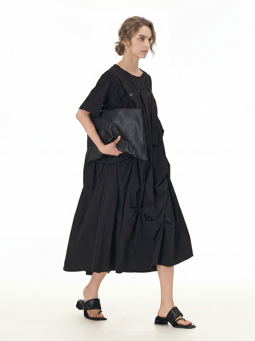 Black Pleated Ruffle Front Midi Dress 66001