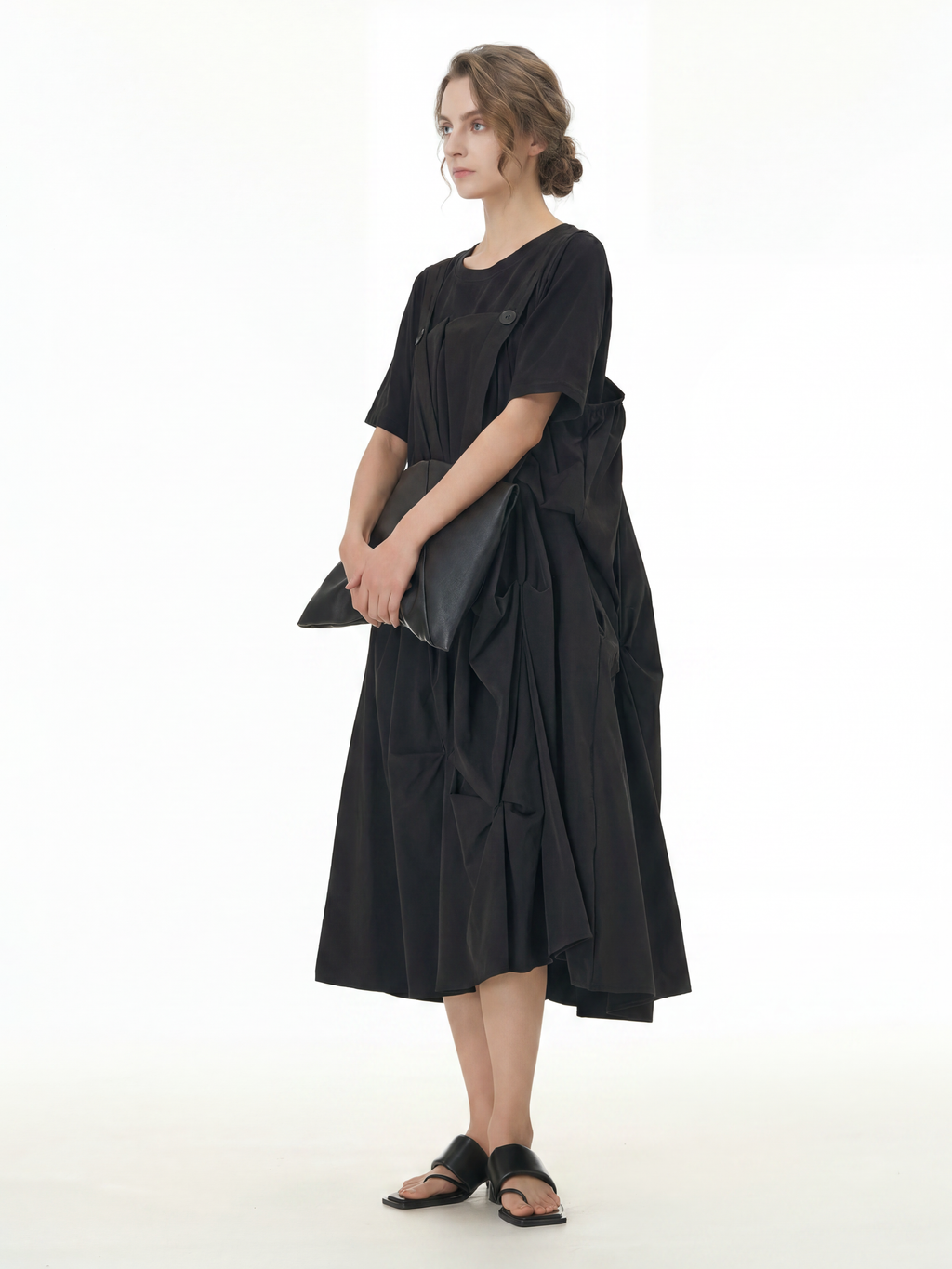 Black Pleated Ruffle Front Midi Dress 66001