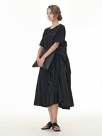 Black Pleated Ruffle Front Midi Dress 66001