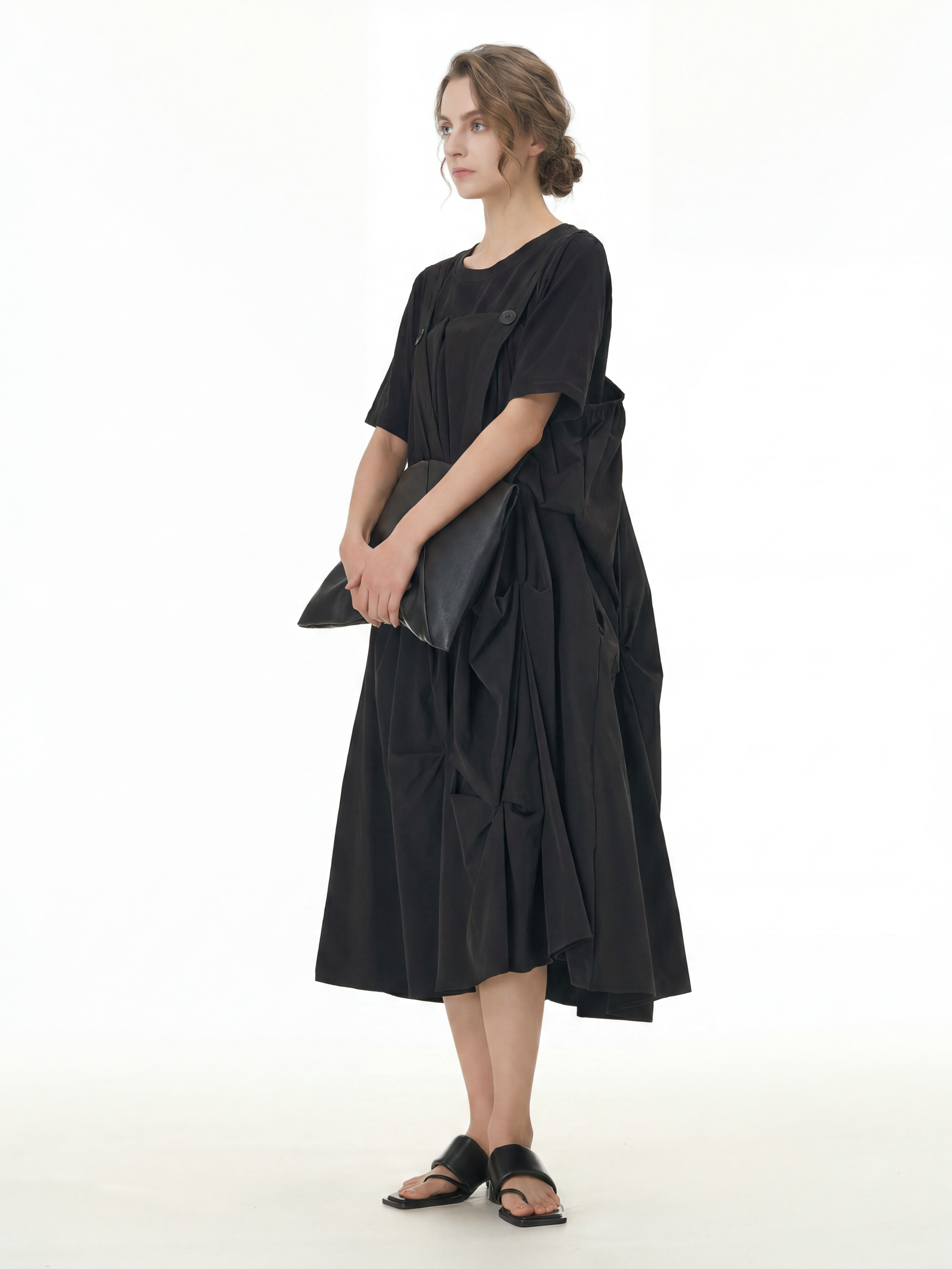 Black Pleated Ruffle Front Midi Dress 66001