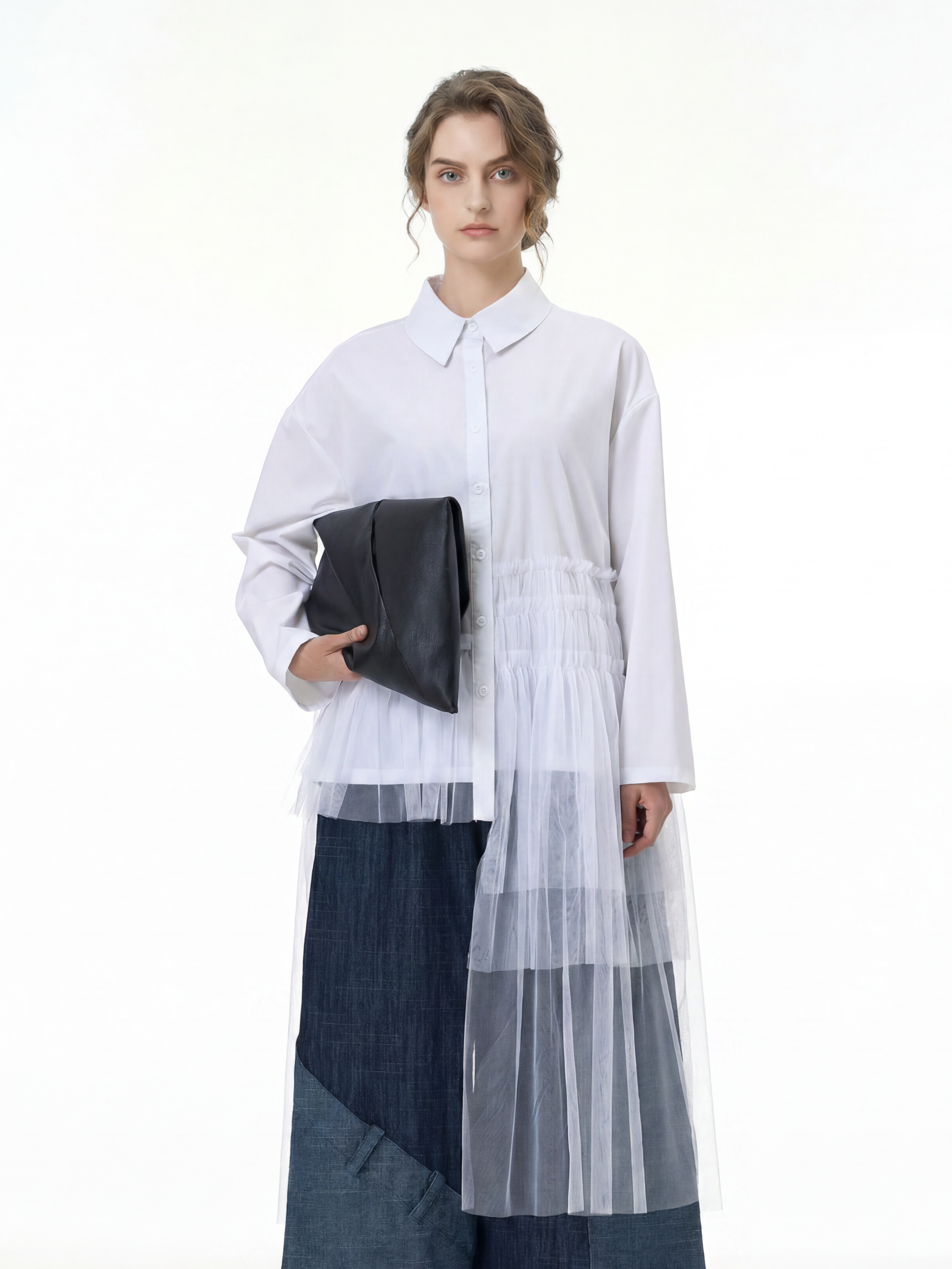 Tulle Spliced Oversized Shirt 69051