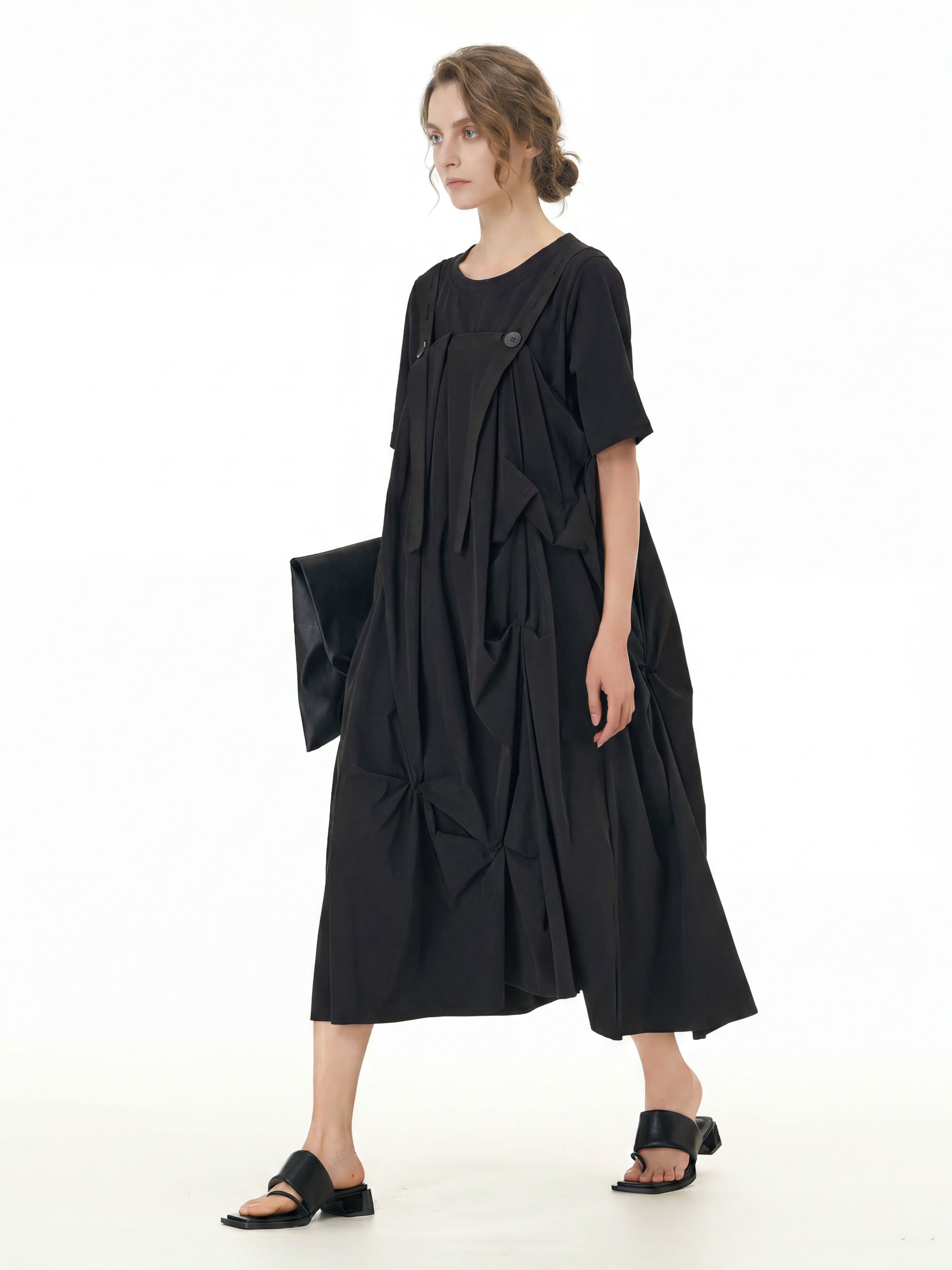 Black Pleated Ruffle Front Midi Dress 66001