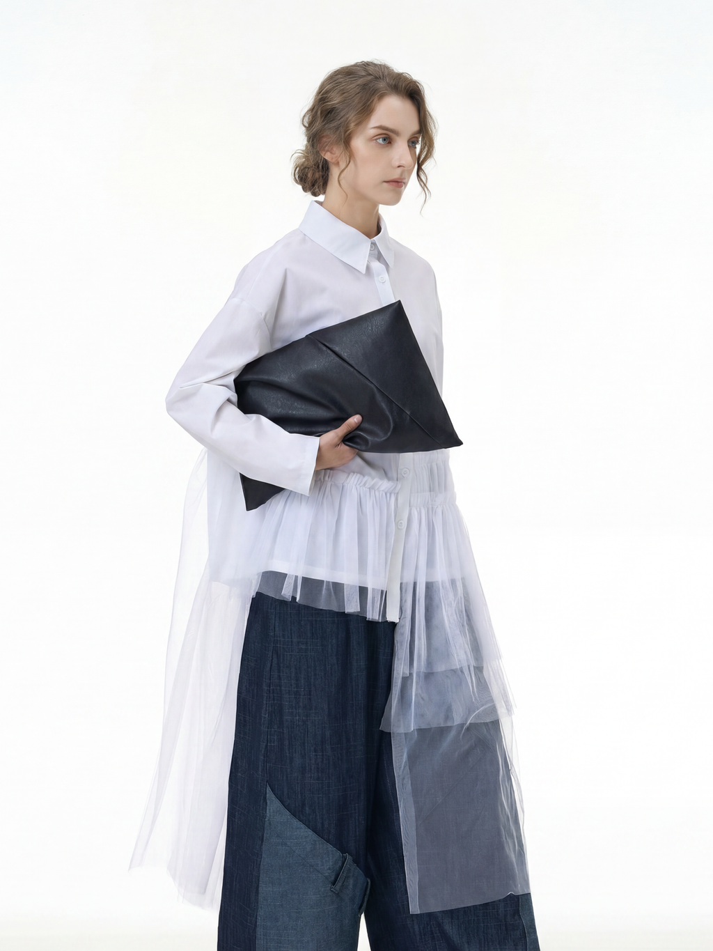 Tulle Spliced Oversized Shirt 69051