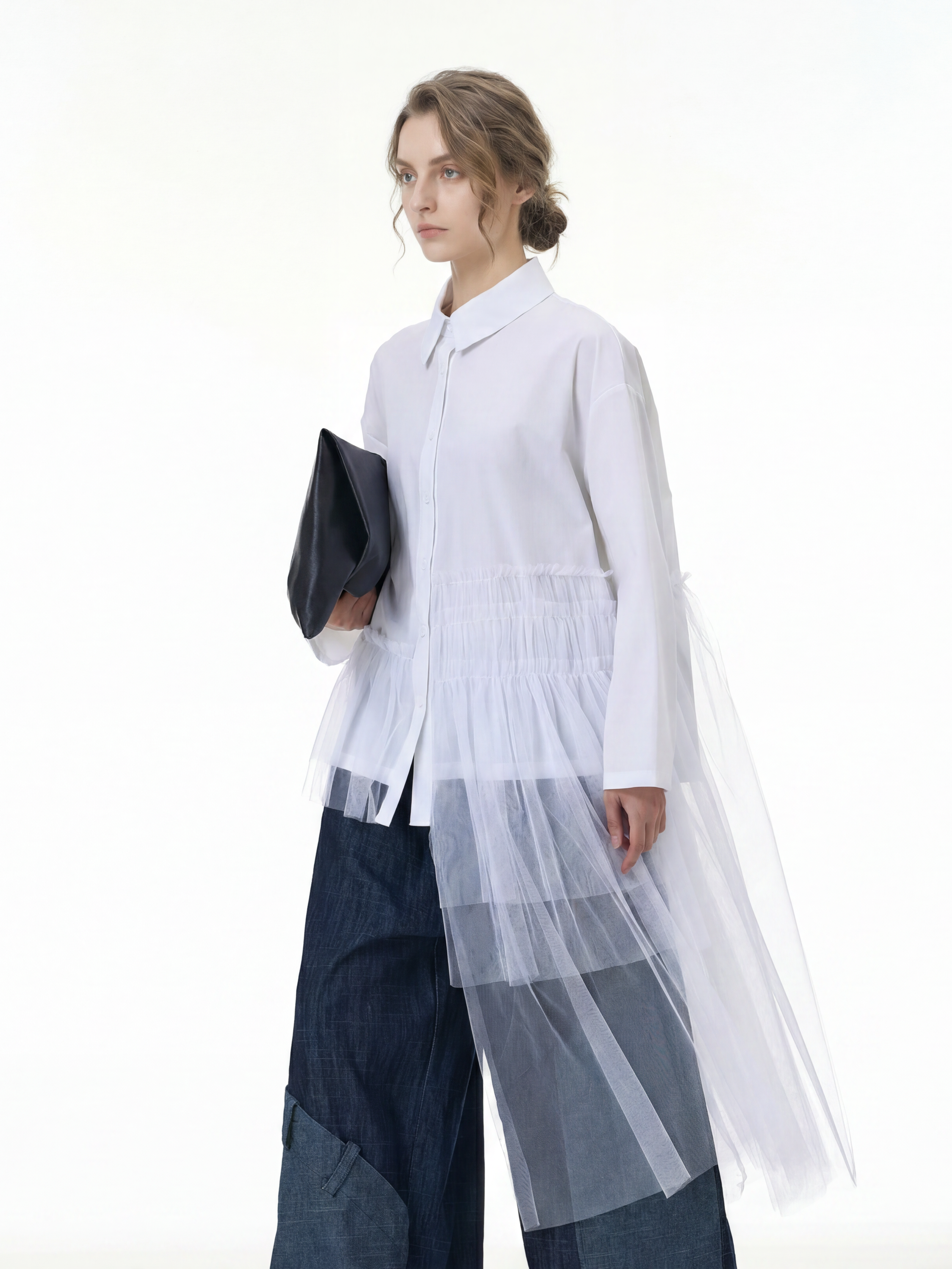Tulle Spliced Oversized Shirt 69051