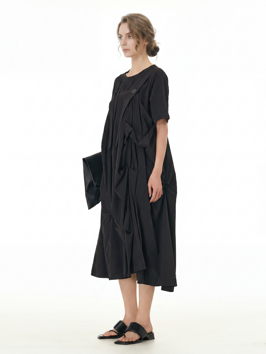 Black Pleated Ruffle Front Midi Dress 66001