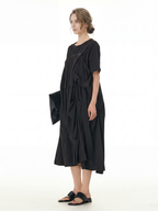 Black Pleated Ruffle Front Midi Dress 66001