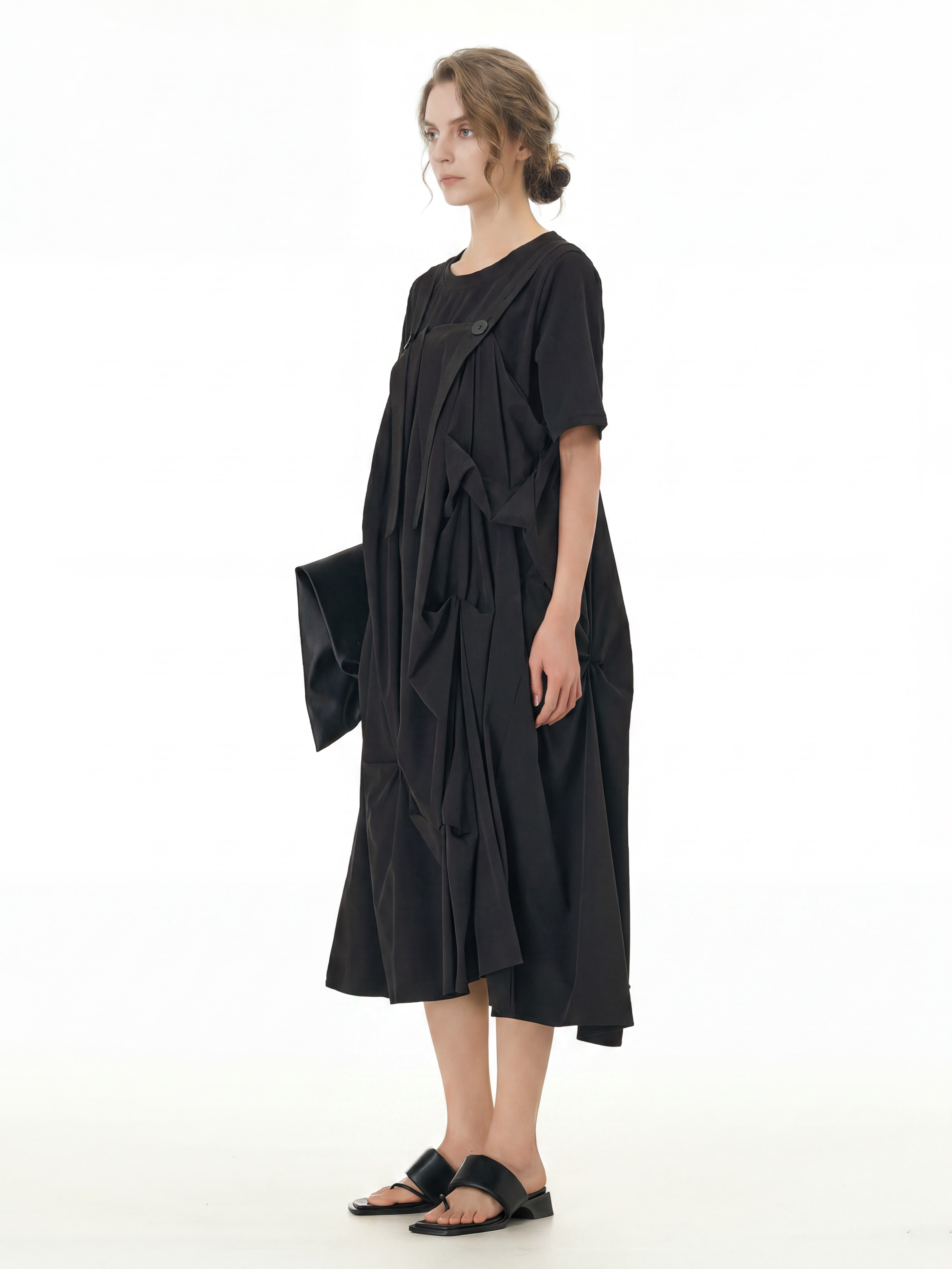 Black Pleated Ruffle Front Midi Dress 66001
